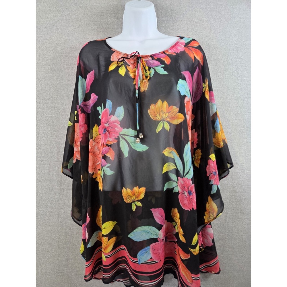 Susan‎ Graver XL Tunic Coverup Dark Floral Sheer Tie Neck Pullover Whimsigoth